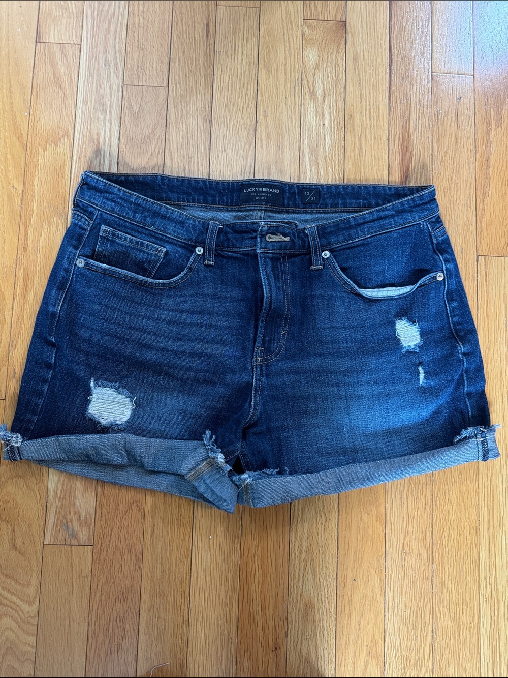 Lucky Brand Dark Blue Rolled Hem Distressed Jean Shorts
